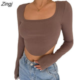Women Ribbed Knitting Crop Tops Square Neck Autumn Wrap Tops Irregular Hem Solid Color Pullover Casual Party Streetwear