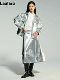 Spring Autumn Cool Silver Shiny Patent Faux Leather Jacket Women with Raglan Long Sleeve Luxury Designer Y2K