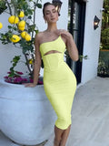 Elegant One Shoulder Strapless Midi Dress For Women Gown Summer Sleeveless Bodycon Hollow Out Club Part Dress