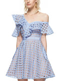 Self Portrait Luxury Runway Dress New Arrival Asymmettical Neck One-Shoulder Lace Hollow Out Patchwork Runway Pink