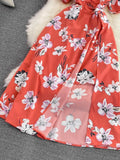 Women Irregular Printed Dress Vintage Square Collar Puff Short Sleeve High Waist A-Line Slim Vestidos Elegant New