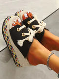 Women Summer Shoes 2022 Summer Lace Up Height Increase Wedge Slippers Women Plus Size Closed Toe Straw Platform Sandals
