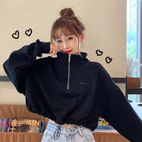 Harajuku Hoodies Women Y2K Street Zipper Crop Sweatshirt Black Long Sleeve Loose Pullover Fashion Simple Elastic Waist