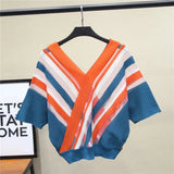 Bat Sleeve Ice Silk Knitted Sweater Women Thin Striped Contrast Color Sleeves Stretch Sweater Pullover Female Spring