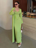 Hot Cotton Knitted Hollow Vest Long Dress + Long Sleeve Open Shirt Set Women's Soft Knitted