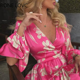 Women Chic Deep V Neck Long Lantern Silt Sleeves Cascading Ruffles Floral Sexy A-line Sweet Party