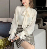Tie Tops Women Korean Style Design Clothes Flare Sleeve Elegant Office Lady Cute Ribbon Sweet Basic Shirts Blouses