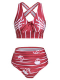 Striped Print Knot Front Padded Tankini Set Casual Summer Beach Wear Swimsuit Ladies Two Pieces Bathing