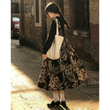 Gothic Dark Loli 2pcs Sets Black Basic Long-Sleeved Bottoming Shirt + Floral Print Sleeveless Dress Women Spring