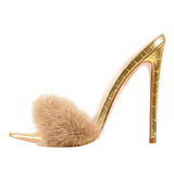 Onlymaker Peep Toe Mules Artificial Fur Slip On Gold White Thin High Sandals Big Size High Quality Summer Women Brand