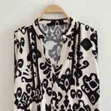 Single-Dlong Short Dress 2025 Spring/Summer V-Neck Print Long-Sleeved Loose