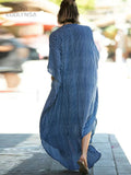 Causal Striped V-neck Button Front Open Summer Beach Dress Blue Tunic Women Plus Size Clothes Maxi Dresses