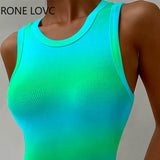 Women Elegant Tank Sleeveless Gradient Color Midi Sexy Bodycon Casual