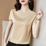 Lady Tops Summer Short Sleeve Blouses Satin Blouse Women Shirts Fashion Simple Solid Plus Size Loose Shirt Blusas