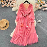 Women's Fashion France Vintage Pleated Long Dress Summer Autumn Sexy V-Neck Lace Up Party Runway Vestidos Female Elegant