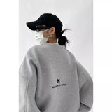Women Letter Embroidery Gray Sweatshirts Oversize Long Sleeve O Neck Loose Pullovers Female Streetwear Hoodies Tops Autumn