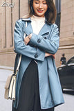 Spring Autumn Classy Blue Faux Leather Trench Coat for Women Belt Elegant Luxury Designer Clothes Runway Fashion