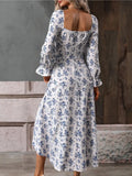 Print Dress Women Boho Elegant Lace Up Side Splits Dresses Ladies Casual Sexy Square Neck Long Sleeve Dress Beach