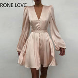 Women Plain Puff Sleeve Ruched Button Front Party Sexy Dress Elegant Fashion