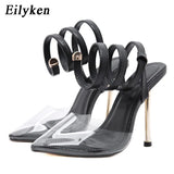 New Fashion Snake Print Leather Twining Ankle Design Women Pumps PVC Transparent Pointed Toe Stiletto Heels Sexy