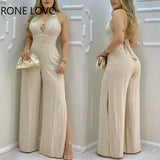 Women Jumpsuits Lace Trim Buttoned Backless Slit Jumpsuit V Neck