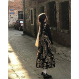 Gothic Dark Loli 2pcs Sets Black Basic Long-Sleeved Bottoming Shirt + Floral Print Sleeveless Dress Women Spring