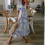 Queens Women Floral Print Short Sleeve Beach Bohemian Maxi Dress Ladies V-neck Boho Sundress