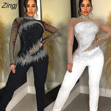Women Jumpsuit Sheer Diamond Backless Sheer Mesh Full Sleeve Slim Bodycon Party Night Clubwear Dresses For Women