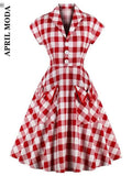 England Style Summer Casual Swing Dress Plaid Printed Red Turn Down Collar Cotton Retro Vintage Pinup Rockabilly