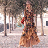 Queens Women Floral Print Long Sleeve Irregular Hem Beach Bohemian Maxi Dress Ladies Boho Sundress Robe
