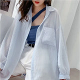 White Transparent Chiffon Blouse Chic Women Summer Oversize Puff Long Sleeve Shirt Korean Style Cardigan Basic Sheer