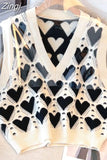 Style Heart Print Knitted Vest V Neck Sleeveless Sueter Women American Sweater Mujer Pullovers Vintage