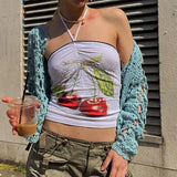 Y2K Kawaii Aesthetics Cherry Print Ruched Halter Tops 2000s Fashion Cute Off Shoulder Sleeveless Graphic Tank Top