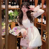 Autumn Sweet Solid Fairy Dress Retro Kawaii Long Sleeved Belted Mini Dress for Women Pretty Chic Bowknot Lace Beach