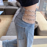 Hollow Out Chain Streetwear Jeans for Women Summer High Waist Loose Harajuku Straight Denim Pants Fashion Korean Y2K
