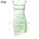 Satin Bodycon Backless Dress Women Solid Spaghetti Strap Dress Women Spring Casual Hollow Out Skinny Evening