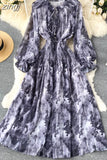 Women Blue/Red/Black Printed Party Dress Bohemian Puff Long Sleeve High Waist Ruffle Collar Midi Robe Female Vestidos