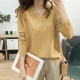 Autumn Basic Solid V-neck Knitting Pullover Ladies Elegant Fashion All-match Sweater Female Loose Casual Jumper Top