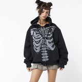 Skeleton Print Zip Up Loose Oversized Hoodie-Outfit