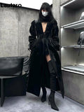 Spring Autumn Extra Long Oversized Cool Reflective Shiny Black Paten Leather Trench Coat for Women Belt Runway