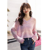 Women's Sweater 2022 Autumn Gradient Mohair V-Neck Long Sleeve Striped Knitted Tops New Gentle Female Clothing