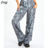 Women Fashion Tie-Dye Print Casual Cargo Pants High Waist Big Pockets Loose Trousers Spring Fall Long Baggy