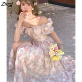 Floral Vintage Dress Women 2022 Summer Designer Sweet Princess Fairy Dress Female Puff Sleeve Ruffles Split Midi