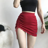 Y2K Black Mini Skirts Women Elastic High Waist Drawstring Slim A Line Skirt Sexy Club Korean Folds Knitted Bodycon