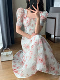 Summer Fashion Chiffon Floral Dress Women Casual A-Line Fairy Party Midi Vestidos Female Vintage Beach Short Sleeve