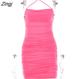 Spaghetti Strap Ruched Bodycon Dresses Summer Women Backless Mini Elegant Sexy Dress Female Sleeveless Party