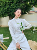 New Fall 2022 Jacquard Floral Patch Long Sleeve Shirt For Women Oblique Collared White Top And Blouse Designer