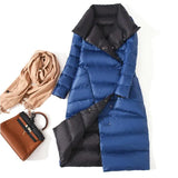 Women Double Sided Down Long Jacket Winter Turtleneck White Duck Down Coat Double Breasted Warm Parkas Snow