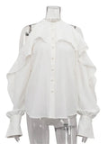 White High Neck Ruffled Cut Out Shirt- Outfit