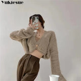 Autumn Fashion Casual Elastic One Button Short V-neck Knitted Sweater Plush CardiganTops high street Korean stytle